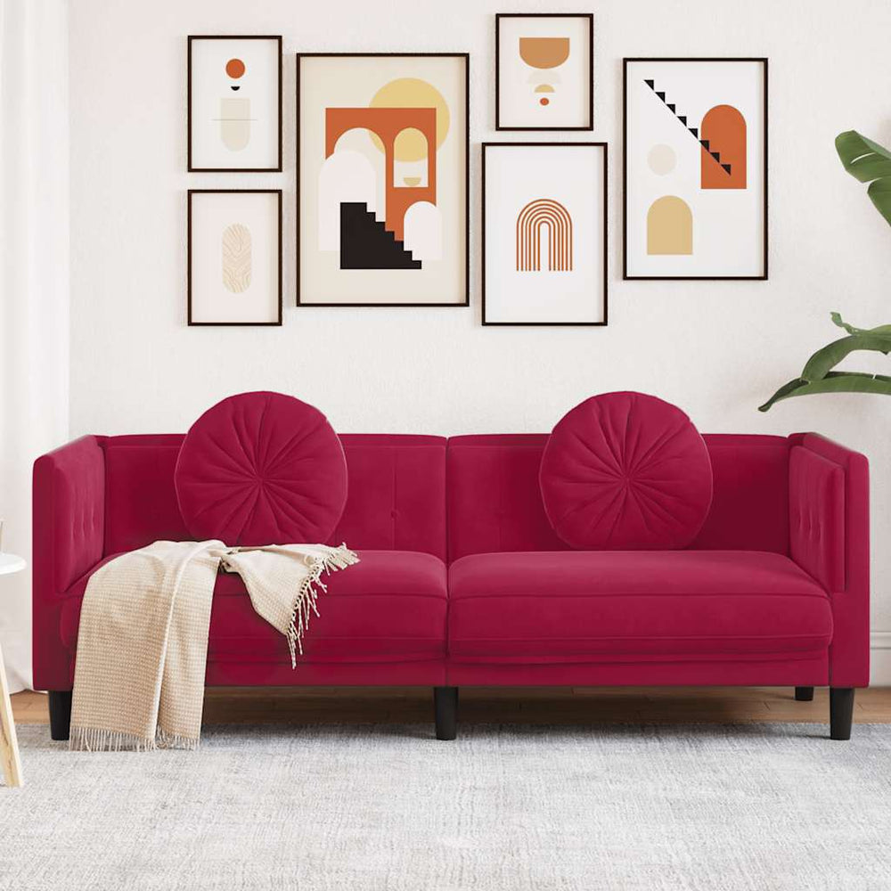 Weinrotes Samt Sofa 3-Sitzer mit Kissen