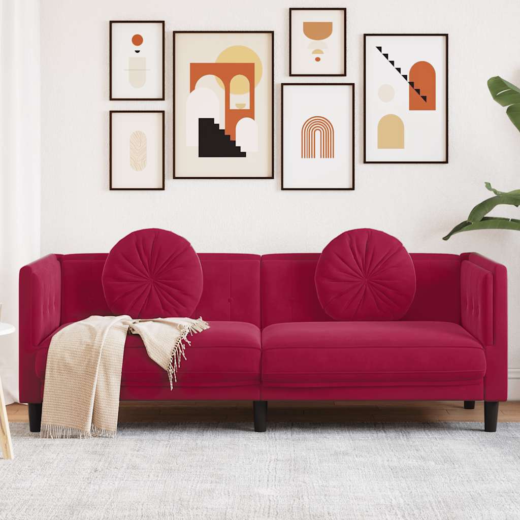 Weinrotes Samt Sofa 3-Sitzer mit Kissen