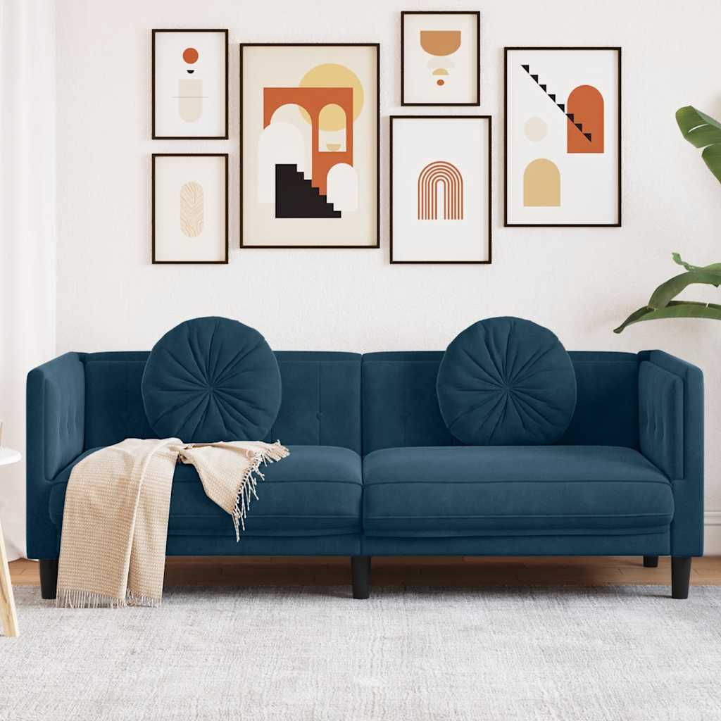 Blaues Samt Sofa 3-Sitzer mit Kissen