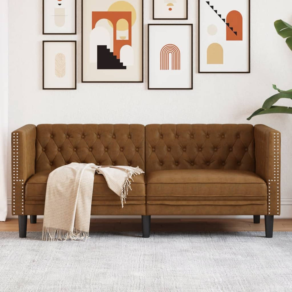 Chesterfield Sofa 2-Sitzer Braun Kunstleder Wildleder-Optik