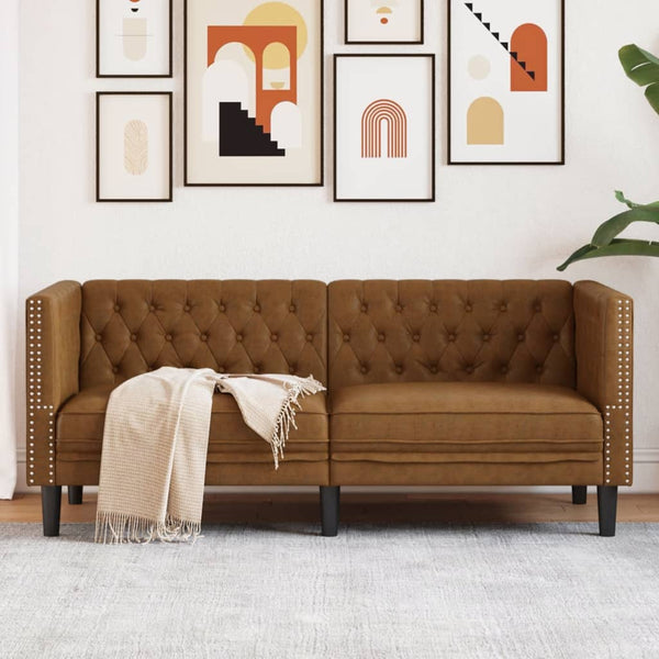 Chesterfield Sofa 2-Sitzer Braun Kunstleder Wildleder-Optik
