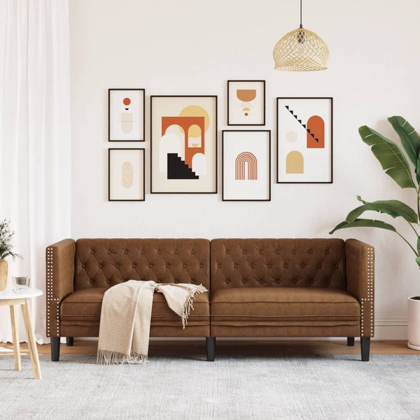 Chesterfield Sofa 3-Sitzer Braun Kunstleder Wildleder-Optik