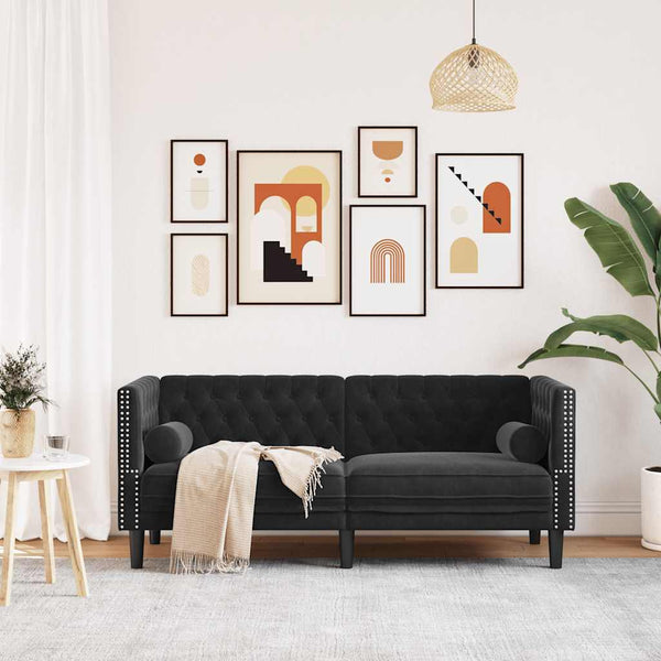 vidaXL Canapé Chesterfield 2 places avec coussins cylindriques Noir Velours