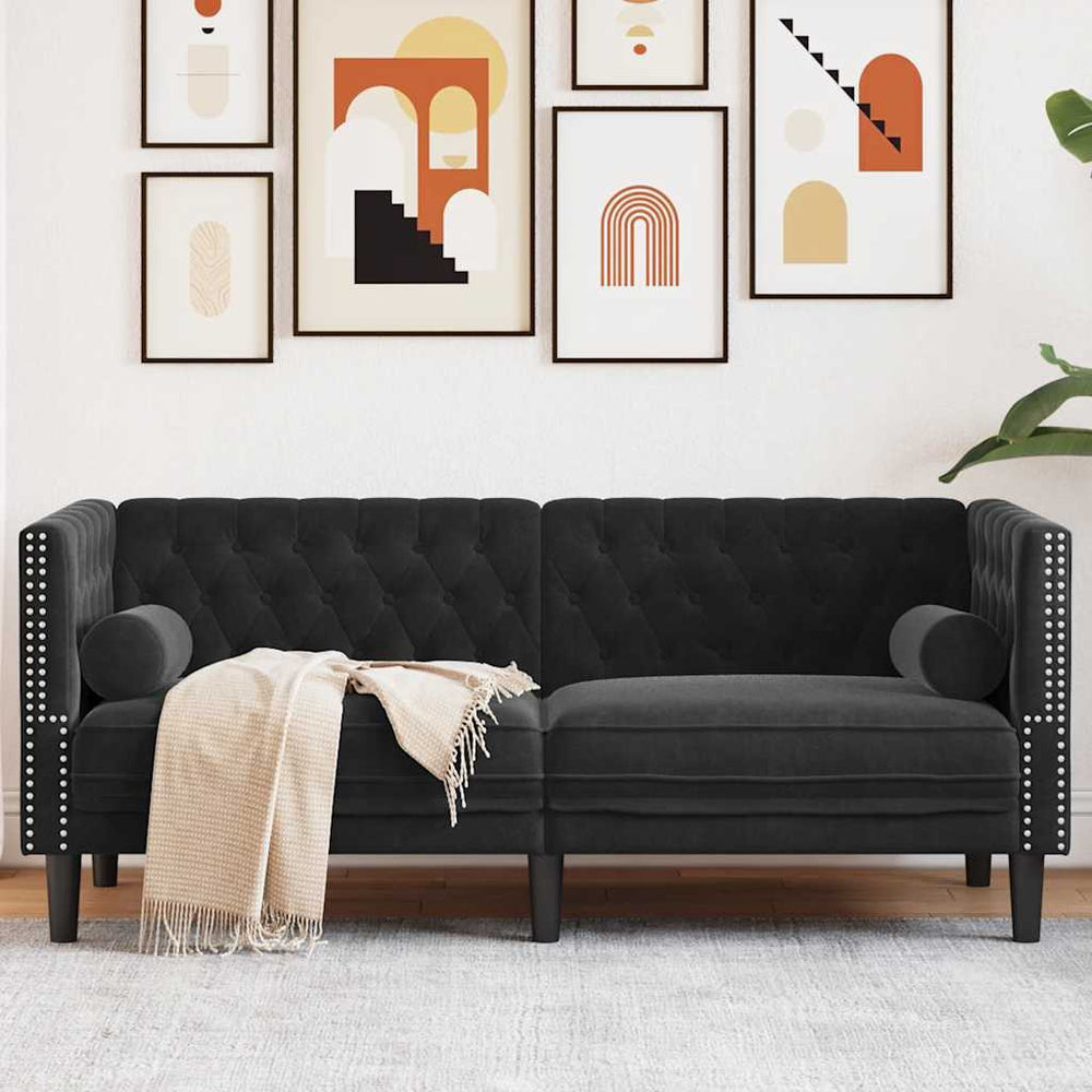 Schwarzes 2-Sitzer Chesterfield Sofa Samt