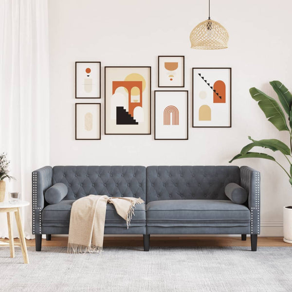 vidaXL Canapé Chesterfield 3 places avec traversins en velours gris foncé