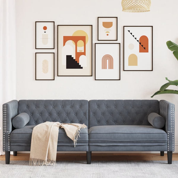 vidaXL Canapé Chesterfield 3 places avec traversins en velours gris foncé