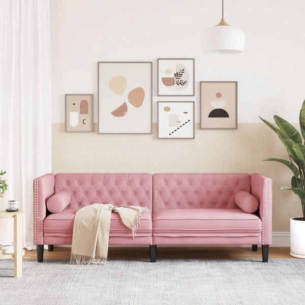 vidaXL Canapé Chesterfield 3 places en velours rose avec traversins