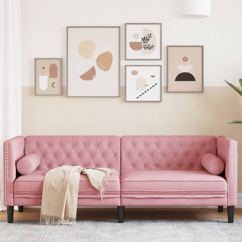 vidaXL Canapé Chesterfield 3 places en velours rose avec traversins