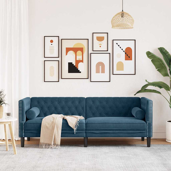 vidaXL Canapé Chesterfield 3 places en velours bleu avec traversins