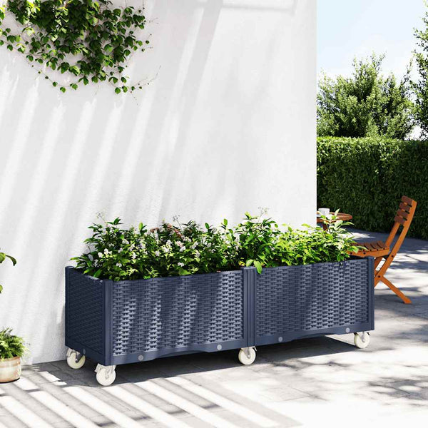 Blaugrauer Pflanzkasten mit Rollen 160 cm