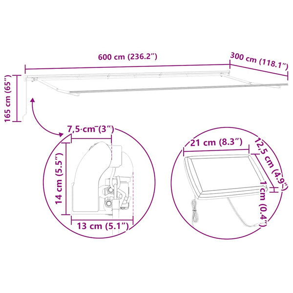 Manuelle LED Markise Braun 600x300 cm