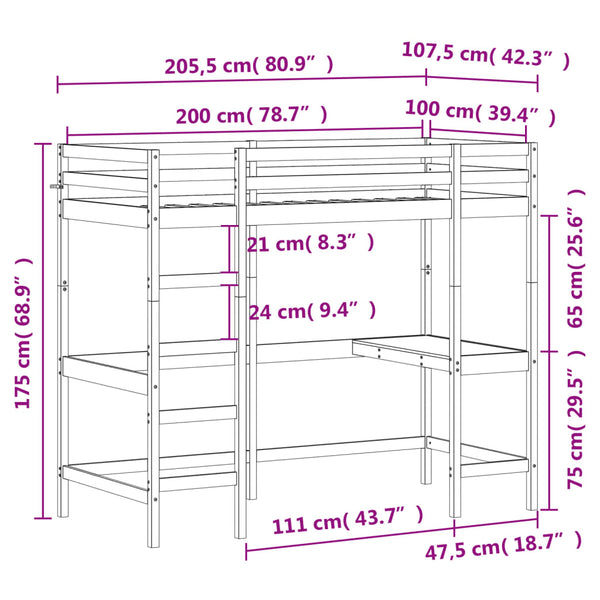 Hochbett mit Schreibtisch 100x200 cm Kiefer Massivholz
