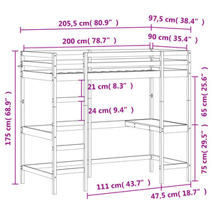 Hochbett mit Schreibtisch Weiß 90x200 cm
