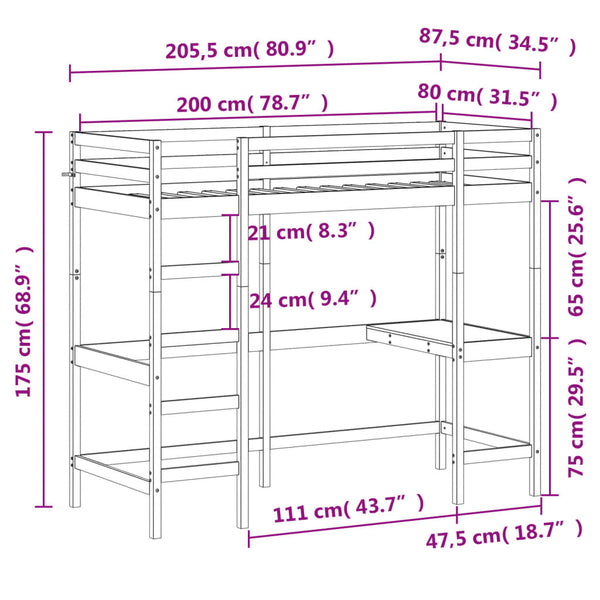 Hochbett mit Schreibtisch 80x200 cm Kiefer