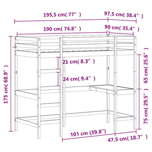 Hochbett mit Schreibtisch 90x190 cm Kiefer Massivholz