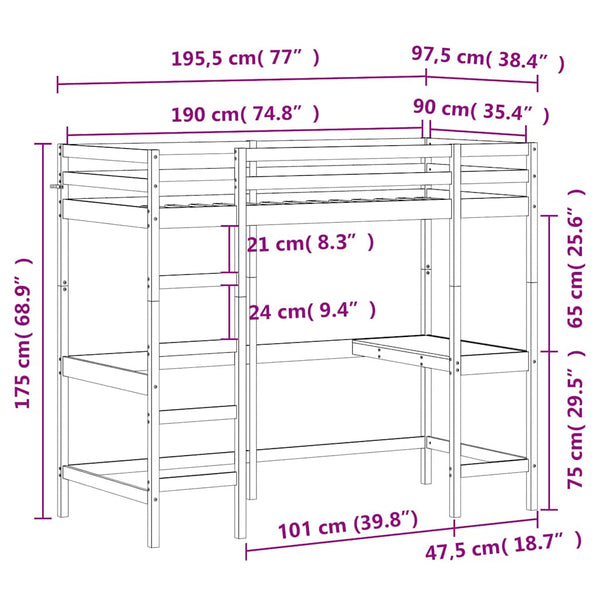 Hochbett mit Schreibtisch Weiß 90x190 cm Kiefer