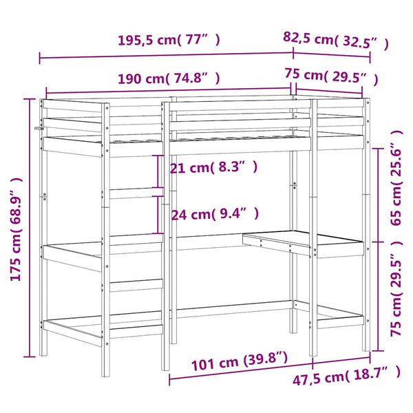 vidaXL Lit mezzanine avec bureau 75x190 cm Pin massif