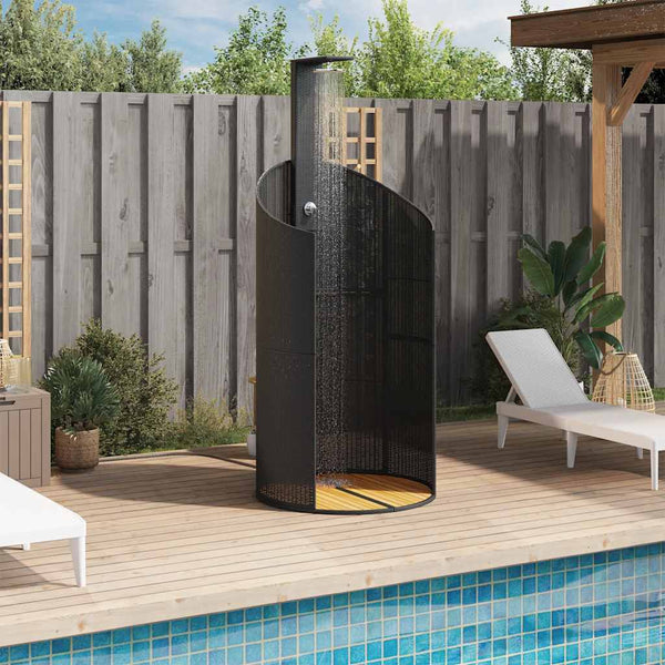 Schwarze Gartendusche aus Poly Rattan & Akazienholz