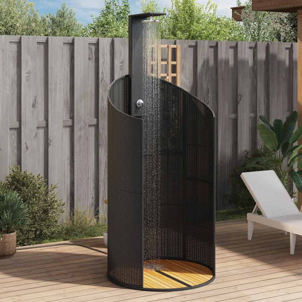 Schwarze Gartendusche aus Poly Rattan & Akazienholz
