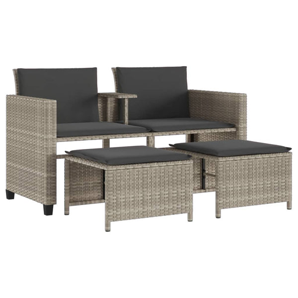 vidaXL 2-Seater Garden Sofa with Table and Stools Light Grey Poly Rattan