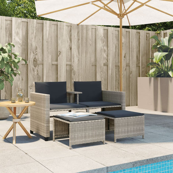 vidaXL 2-Seater Garden Sofa with Table and Stools Light Grey Poly Rattan
