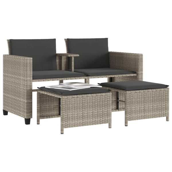 vidaXL 2-Seater Garden Sofa with Table and Stools Light Grey Poly Rattan