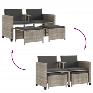 vidaXL 2-Seater Garden Sofa with Table and Stools Light Grey Poly Rattan