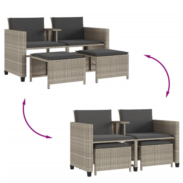 vidaXL 2-Seater Garden Sofa with Table and Stools Light Grey Poly Rattan