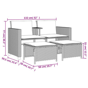 vidaXL 2-Seater Garden Sofa with Table and Stools Light Grey Poly Rattan