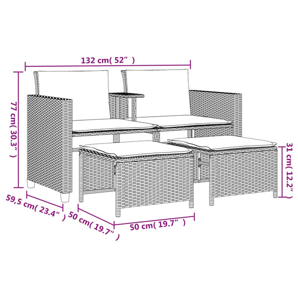vidaXL 2-Seater Garden Sofa with Table and Stools Light Grey Poly Rattan