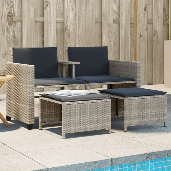 vidaXL 2-Seater Garden Sofa with Table and Stools Light Grey Poly Rattan