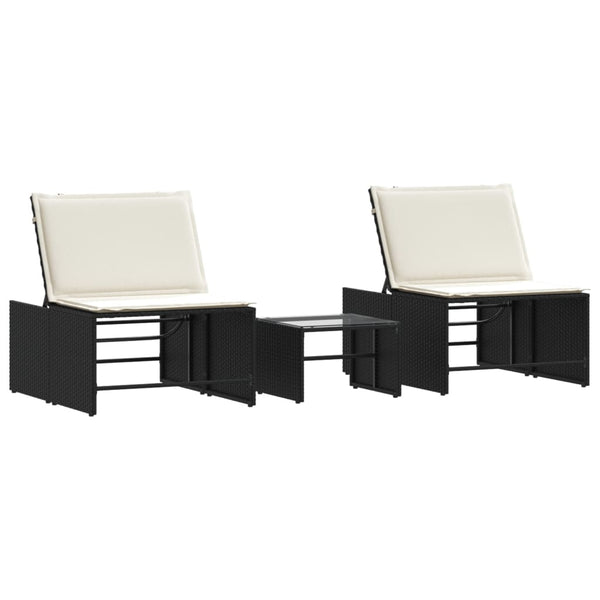 Modulare Sonnenliegen mit Tisch, Poly Rattan Schwarz, 2er-Set