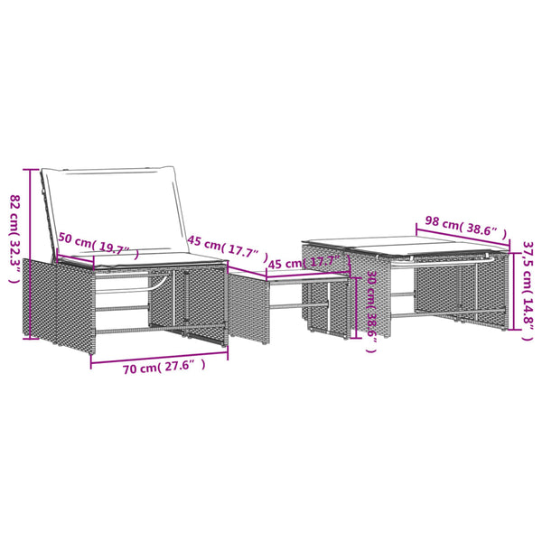 Modulare Sonnenliegen mit Tisch, Poly Rattan Schwarz, 2er-Set