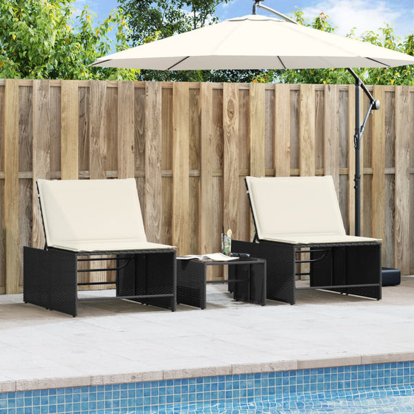 Modulare Sonnenliegen mit Tisch, Poly Rattan Schwarz, 2er-Set