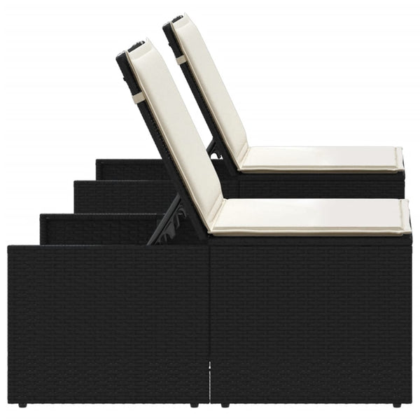 Modulare Sonnenliegen mit Tisch, Poly Rattan Schwarz, 2er-Set