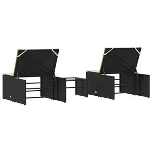 Modulare Sonnenliegen mit Tisch, Poly Rattan Schwarz, 2er-Set