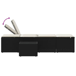 Modulare Sonnenliegen mit Tisch, Poly Rattan Schwarz, 2er-Set