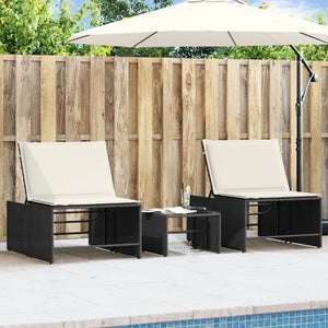 Modulare Sonnenliegen mit Tisch, Poly Rattan Schwarz, 2er-Set