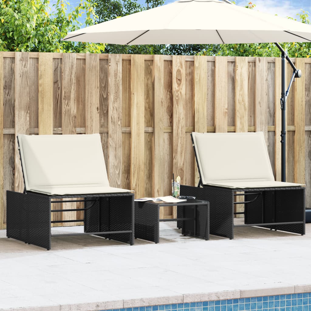 Modulare Sonnenliegen mit Tisch, Poly Rattan Schwarz, 2er-Set