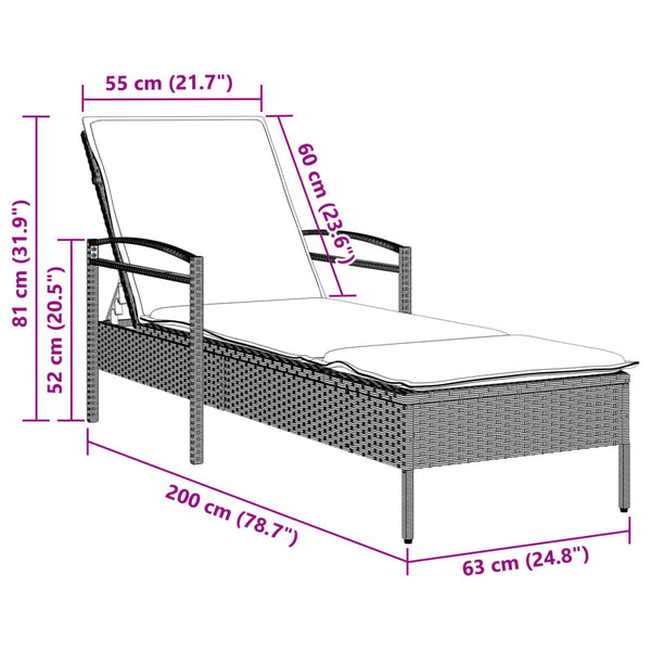 Sonnenliege Poly Rattan Hellgrau mit Auflage