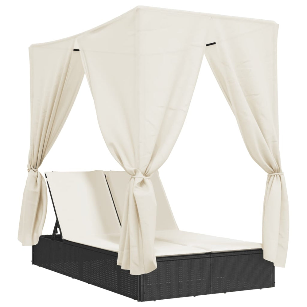 Doppel Sonnenliege mit Dach Schwarz Poly-Rattan