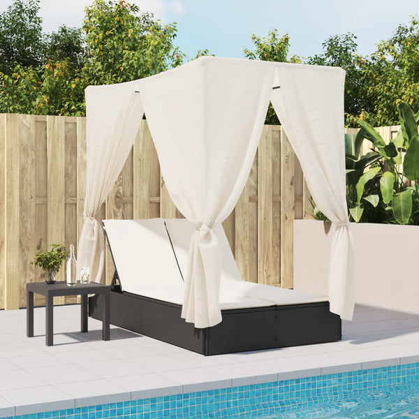 Doppel Sonnenliege mit Dach Schwarz Poly-Rattan