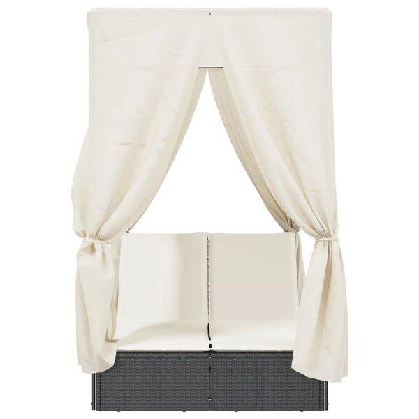 Doppel Sonnenliege mit Dach Schwarz Poly-Rattan