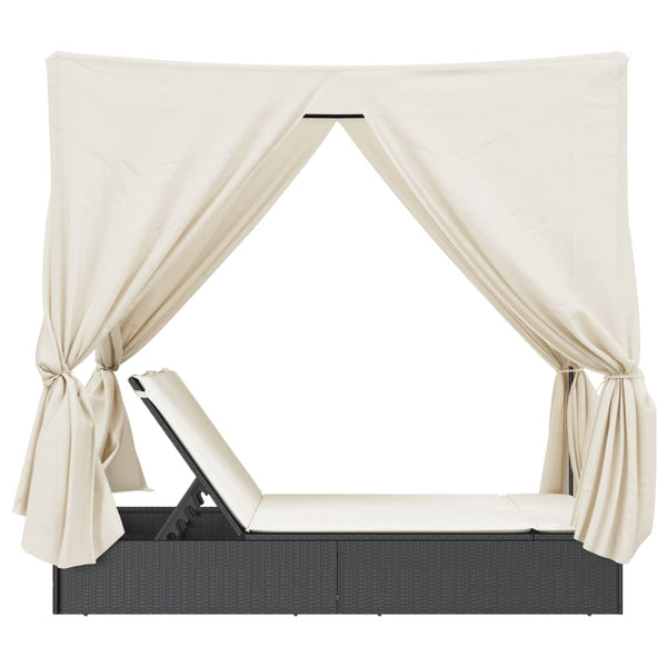 Doppel Sonnenliege mit Dach Schwarz Poly-Rattan
