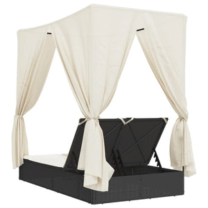 Doppel Sonnenliege mit Dach Schwarz Poly-Rattan