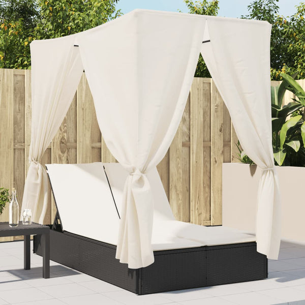 Doppel Sonnenliege mit Dach Schwarz Poly-Rattan