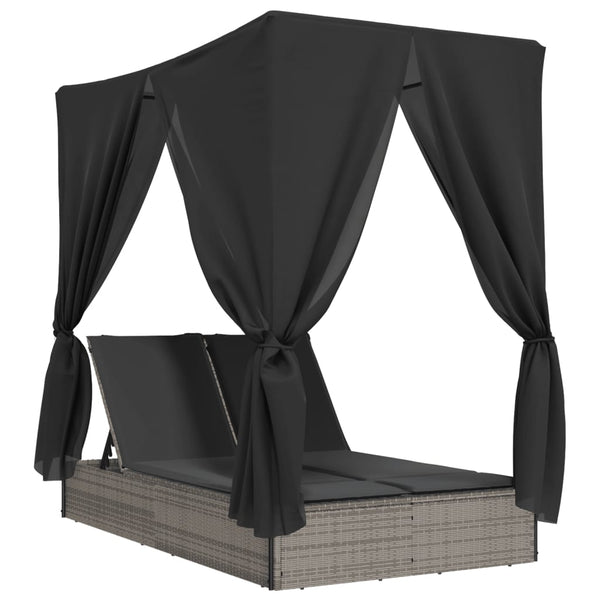 Doppel Sonnenliege mit Dach Grau Poly Rattan