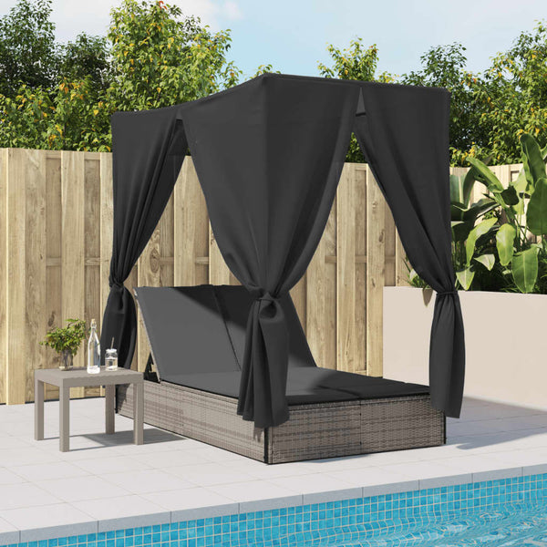 Doppel Sonnenliege mit Dach Grau Poly Rattan