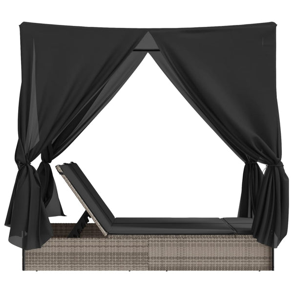Doppel Sonnenliege mit Dach Grau Poly Rattan