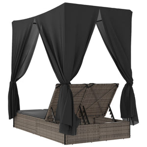 Doppel Sonnenliege mit Dach Grau Poly Rattan